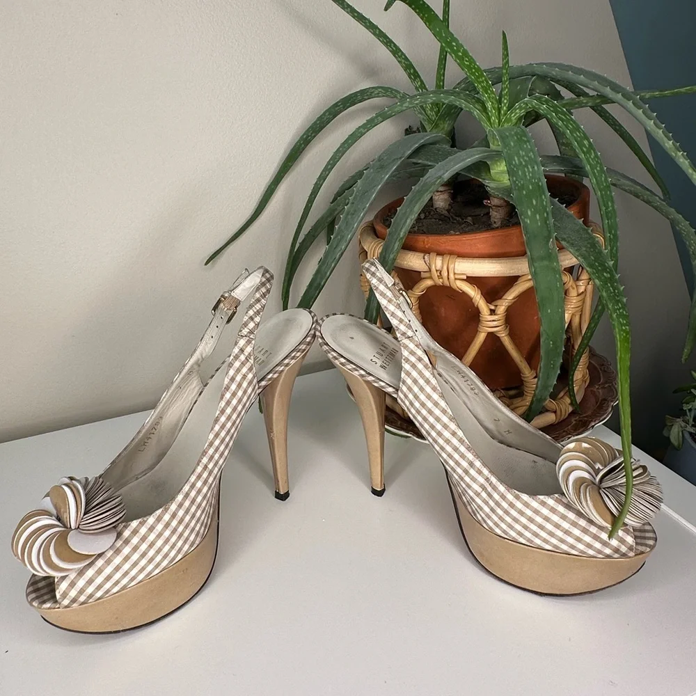 Stuart Weitzman Gingham Slingback Heels 7M | Platform Peep Toe Floral Bow - Picture 3 of 14
